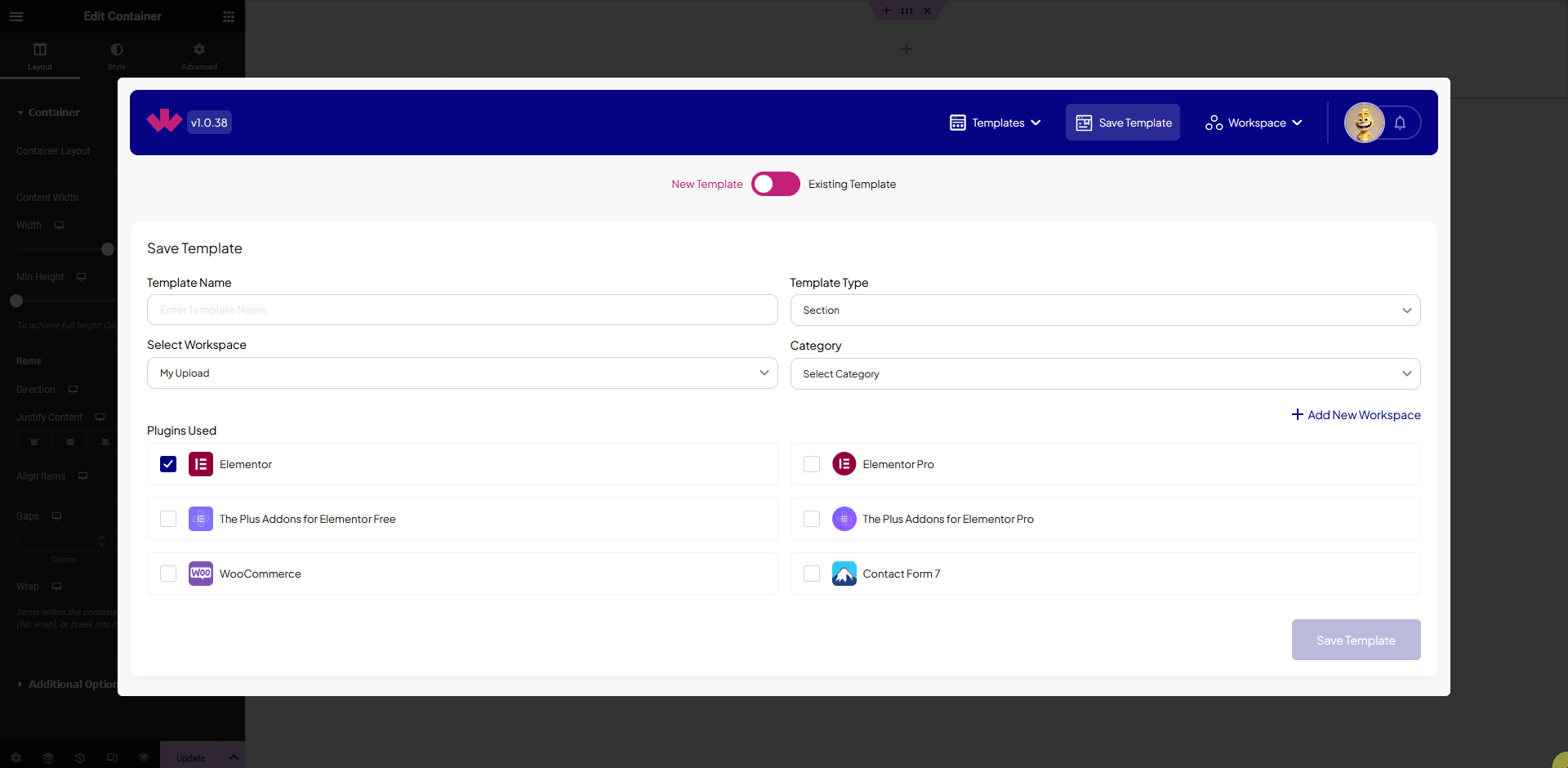 add template workspace save template popup